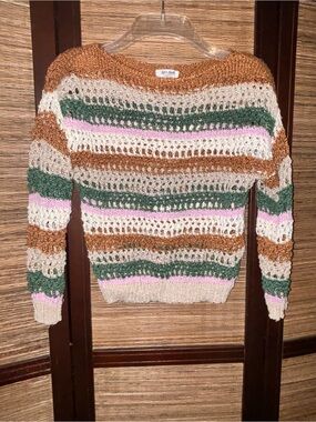 Cropped Crochet Stripe Open-Knit Sweater